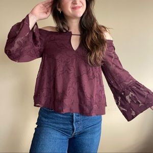 Nordstrom Leith / Plum Silk Floral Bell Sleeve Top